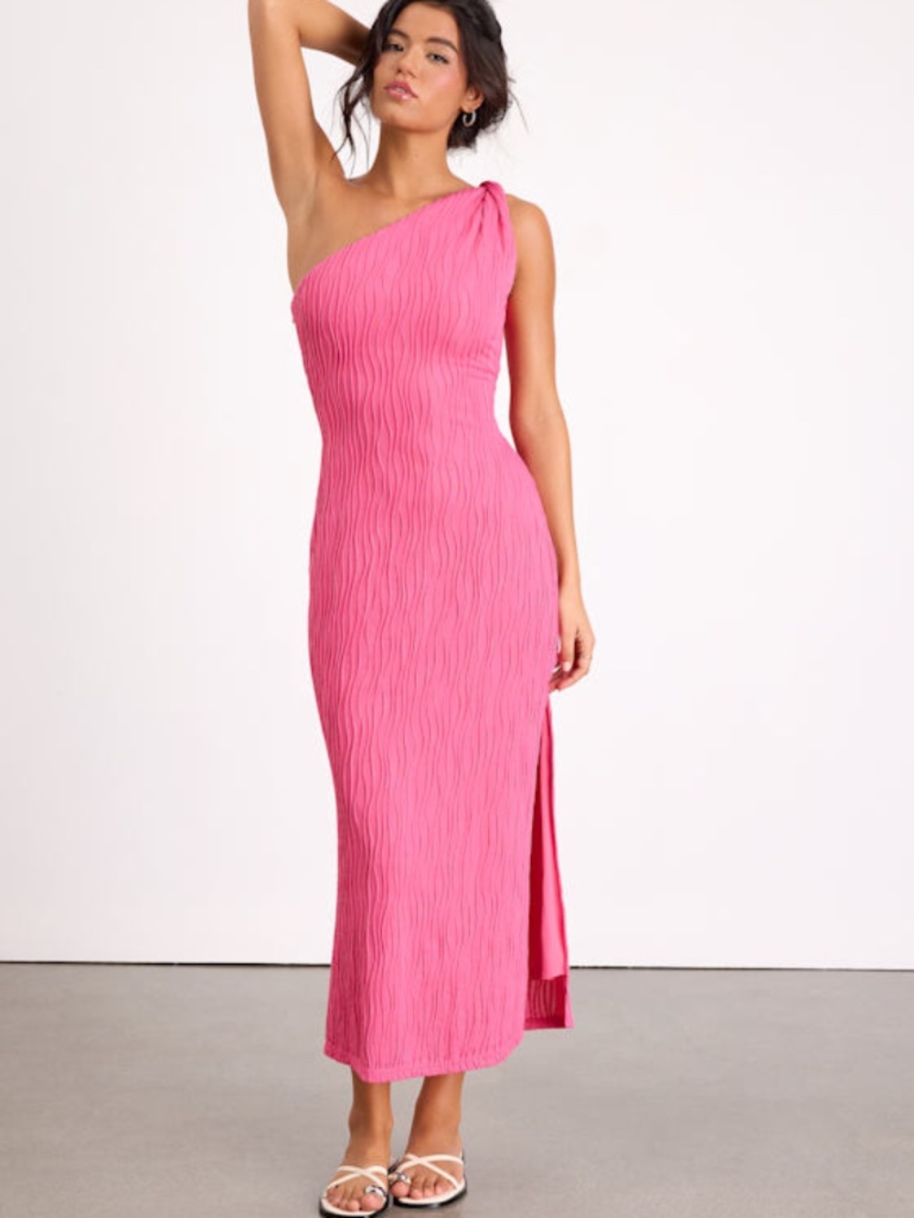 Lulus Aristea Fuchsia Textured One-shoulder Midi Dress Pink - Size S